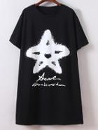 Romwe Black Short Sleeve Split Side Star Print T-shirt Dress
