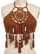 Romwe Halter Crochet Hollow Out Fringe Cami Top