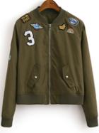 Romwe Army Green Zipper Front Badge Embroidery Jacket