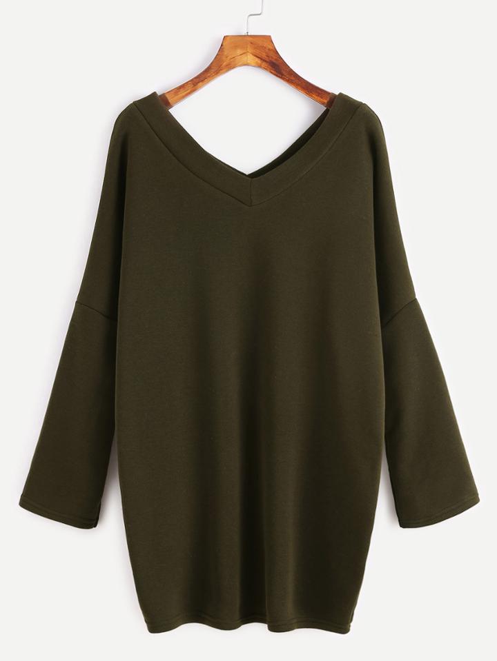 Romwe Army Green Double V Neck Drop Shoulder T-shirt Dress