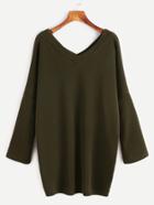 Romwe Army Green Double V Neck Drop Shoulder T-shirt Dress