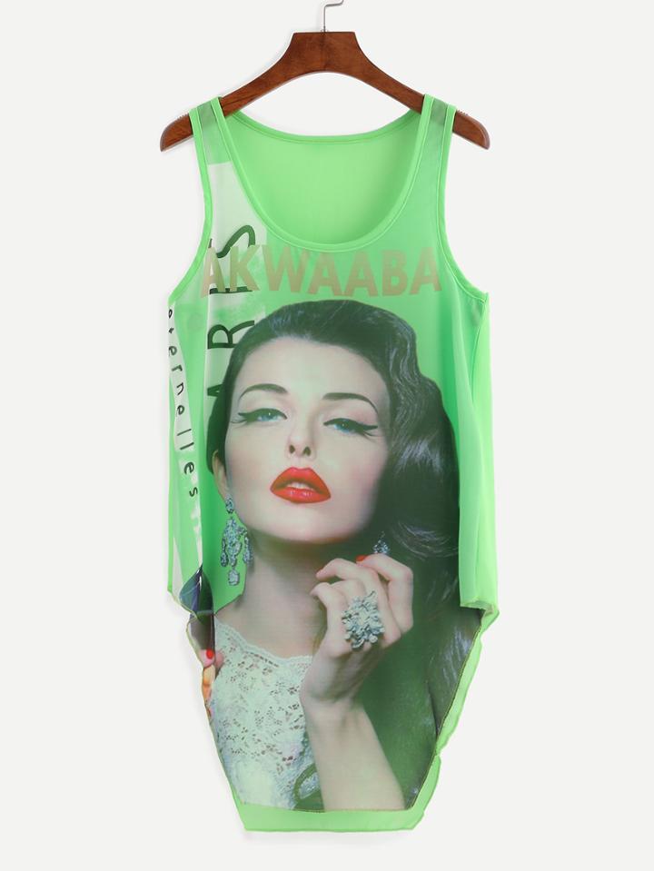 Romwe Portrait Print Chiffon Tank Top - Green