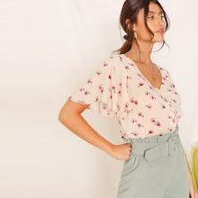 Romwe Flutter Sleeve Floral Print Shirt