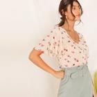Romwe Flutter Sleeve Floral Print Shirt