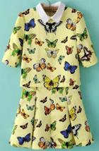 Romwe Yellow Short Sleeve Butterfly Print Top With Skirt