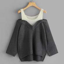 Romwe Contrast Trim Cold-shoulder Jumper