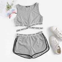 Romwe Lettering Cross Strap Detail Tank & Dolphin Shorts Set