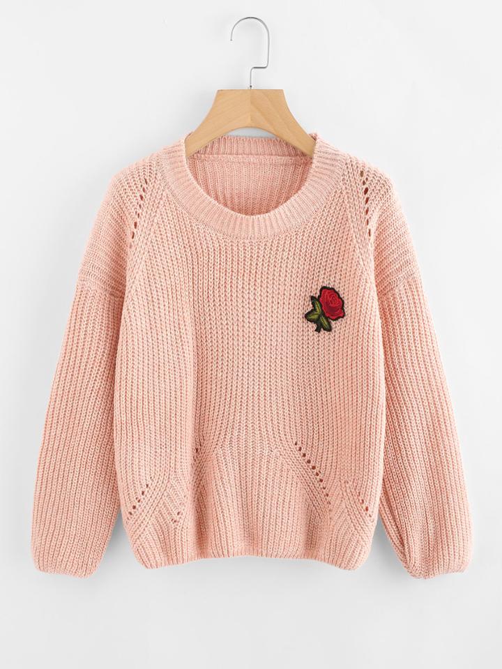 Romwe Drop Shoulder Rose Embroidered Patch Sweater