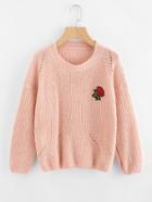 Romwe Drop Shoulder Rose Embroidered Patch Sweater