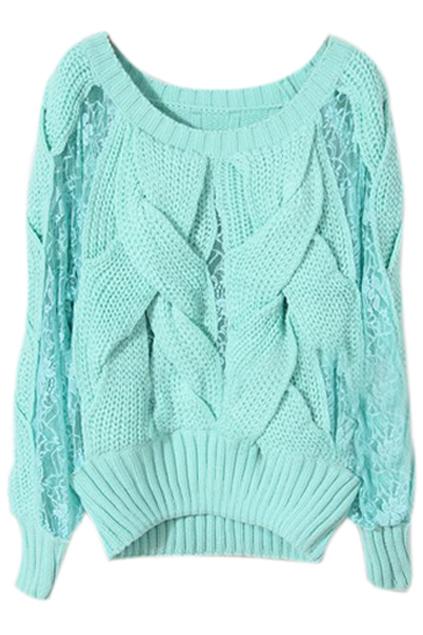 Romwe Cable Knit Panel Lace Blue-green Jumper