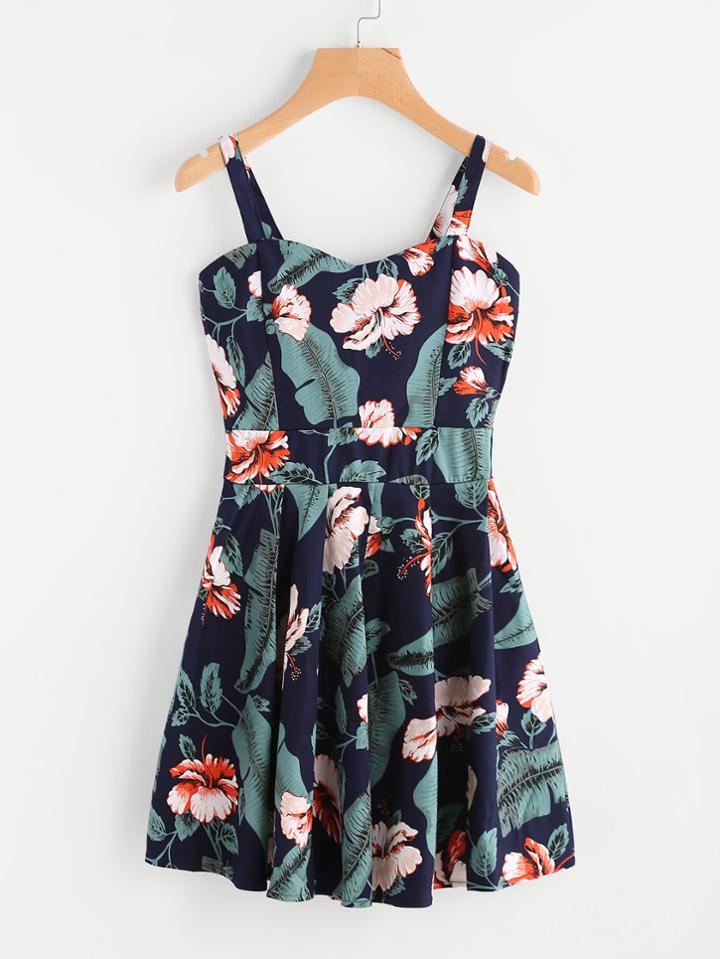 Romwe Floral Leaf Print Random A Line Cami Dress