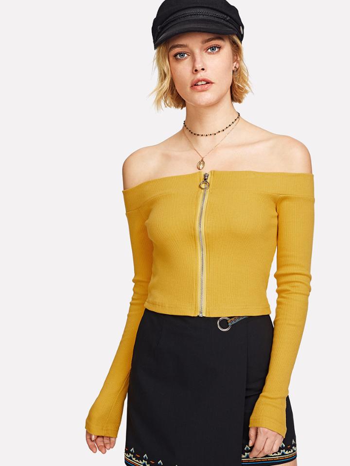 Romwe Off Shoulder Zip Up Front Knit Tee