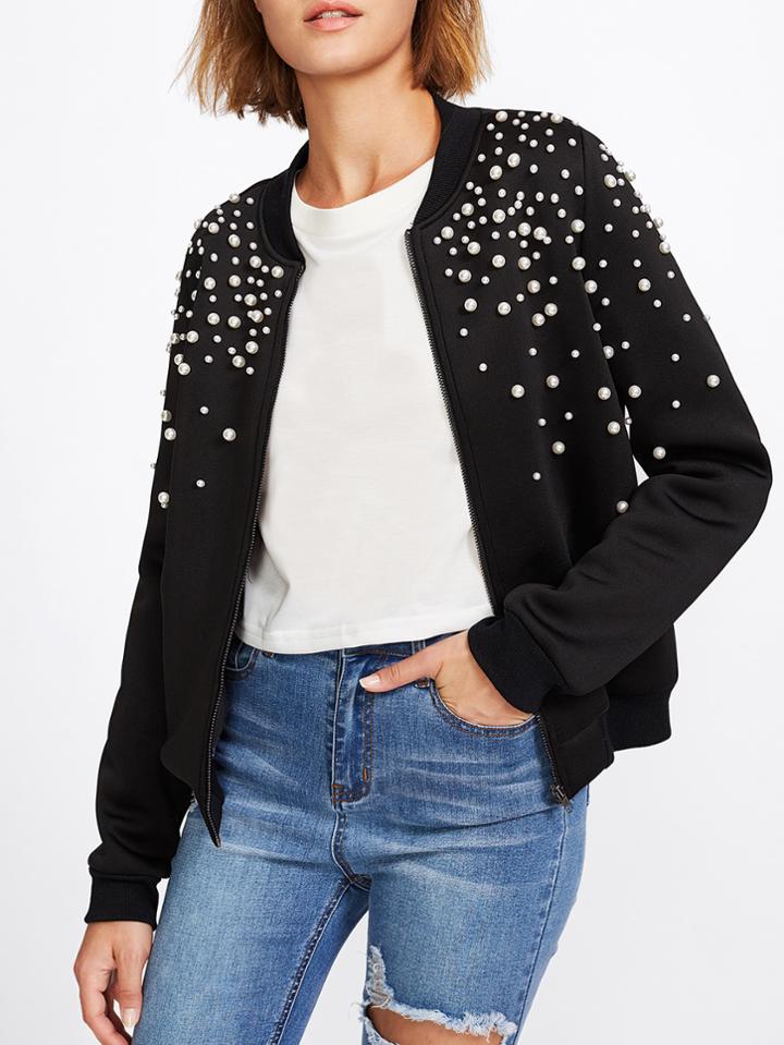 Romwe Pearl Embellished Bomber Jacket