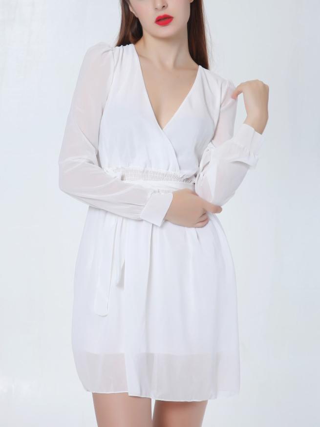 Romwe Deep V Neck Chiffon Pleated White Dress