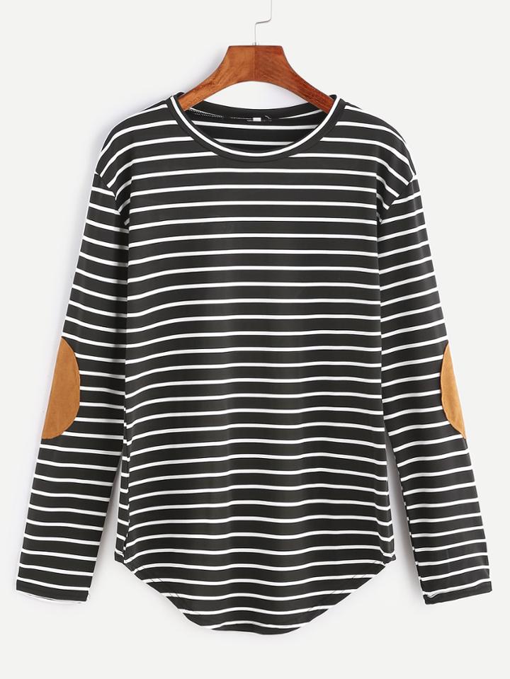 Romwe Black Elbow Patch Striped T-shirt
