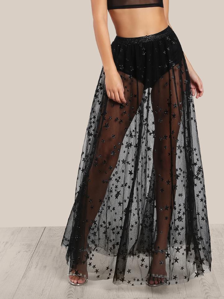 Romwe Star Flock Mesh Skirt