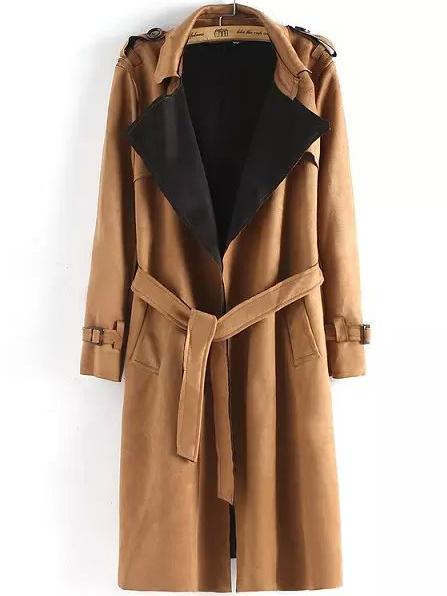 Romwe Lapel Epaulet Tie-waist Khaki Trench Coat