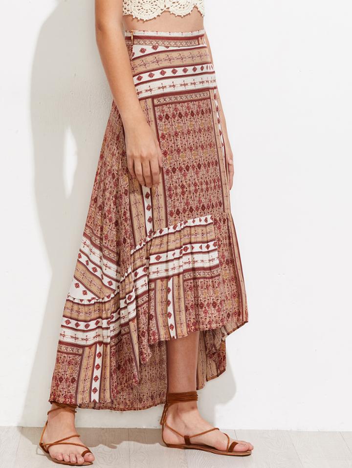 Romwe Aztec Print High Low Frill Hem Skirt