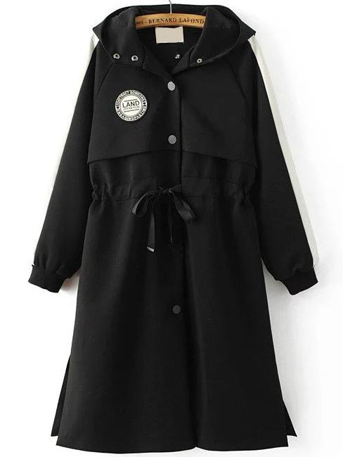 Romwe Black Embroidery Back Patch Hooded Coat Drawstring Detail