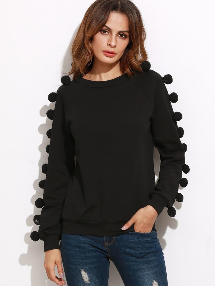 Romwe Black Raglan Sleeve Sweatshirt With Pom Pom