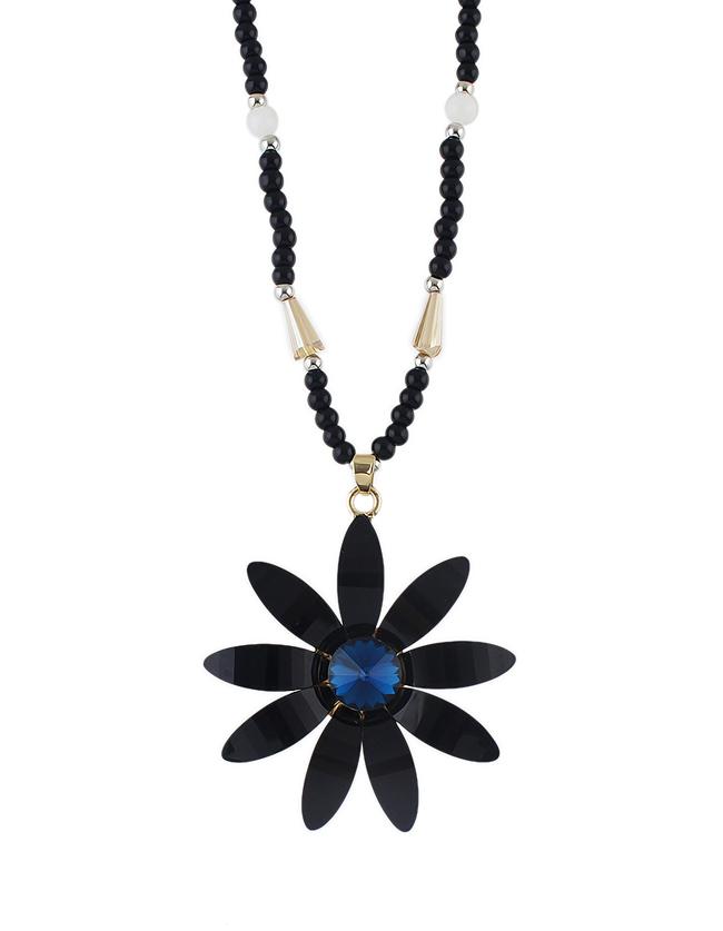 Romwe Black Beads Long Imitation Crystal Flower Pendant Necklace Women