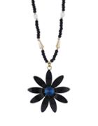 Romwe Black Beads Long Imitation Crystal Flower Pendant Necklace Women