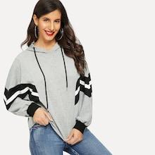 Romwe Striped Insert Drawstring Hoodie