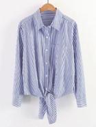 Romwe Vertical Striped Knot Front Blouse