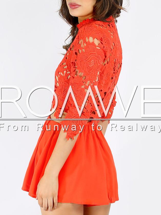 Romwe Orange Red High Neck Crochet Lace Jumpsuit