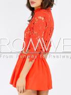 Romwe Orange Red High Neck Crochet Lace Jumpsuit