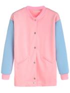 Romwe Pink Contrast Sleeve Button Baseball Jacket