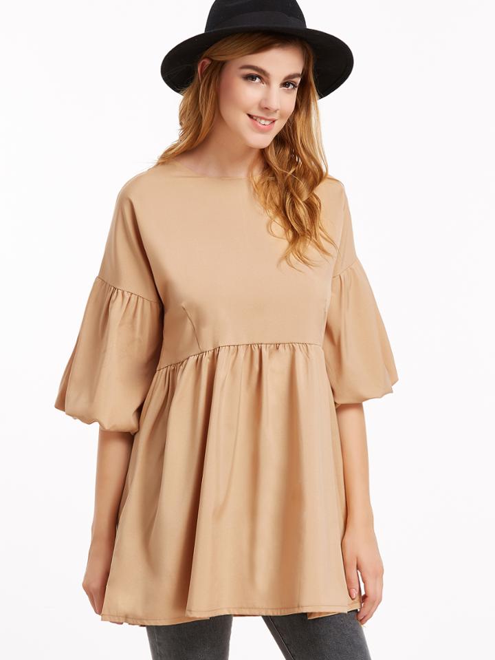 Romwe Khaki Drop Shoulder Lantern Sleeve Peplum Blouse