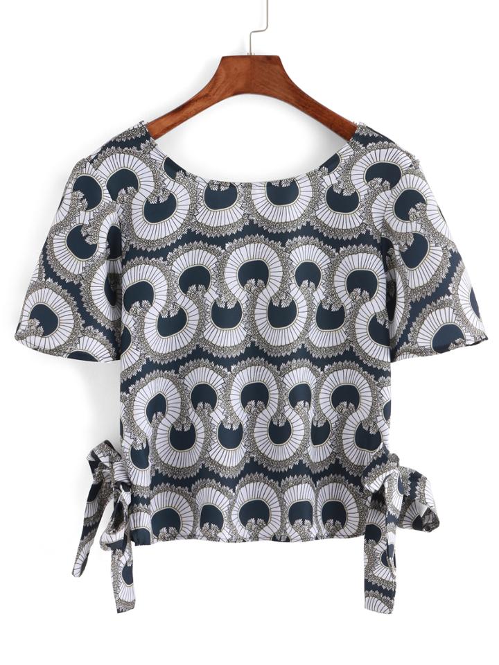 Romwe V Cut Back Print Bow Shirt