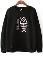 Romwe Fish Bone Embroidered Dip Hem Split Black Sweatshirt