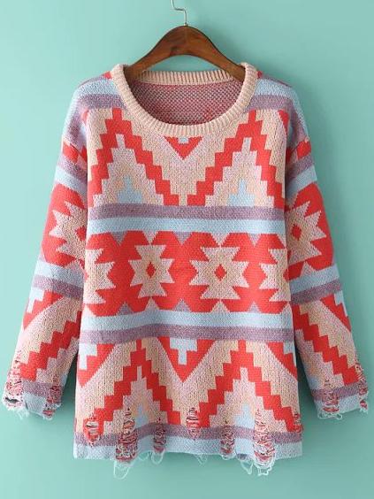 Romwe Red Blue Round Neck Geometric Print Ripped Sweater