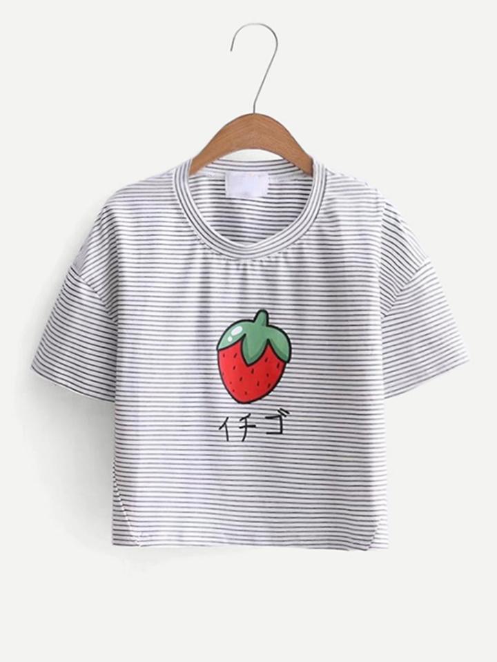 Romwe Strawberry Pattern Striped Crop Tee