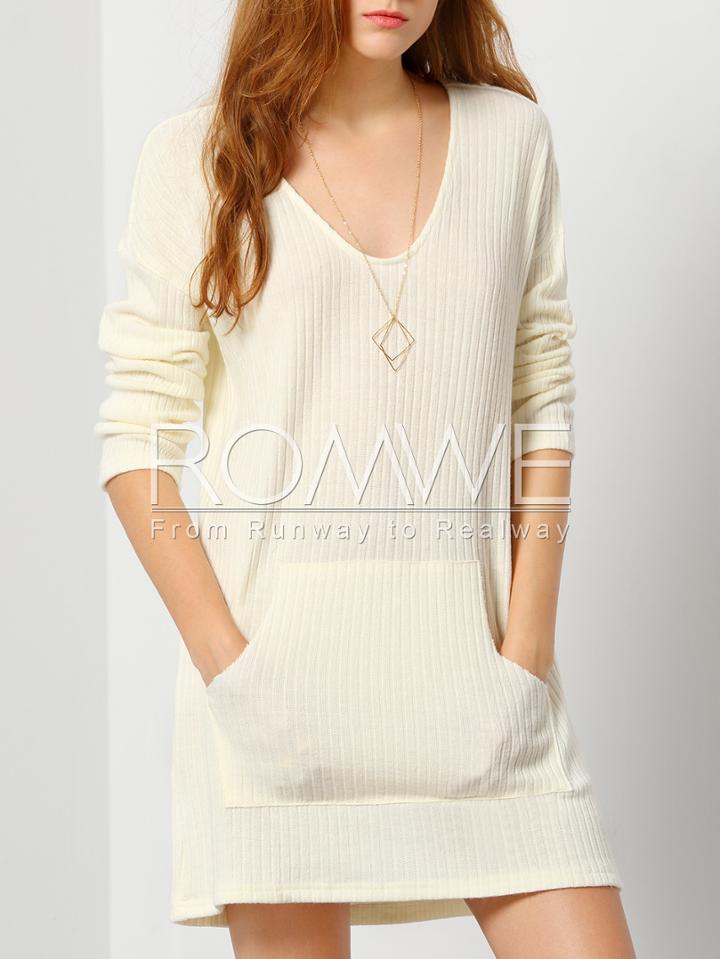 Romwe Beige Deep V Neck Pockets Dress