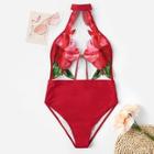 Romwe Floral Contrast Mesh Backless One Piece Swim