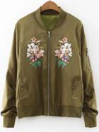Romwe Army Green Flower Embroidery Bomber Jacket