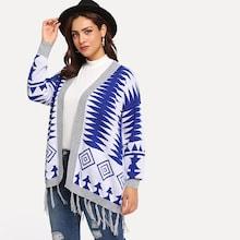 Romwe Plus Fringe Hem Geo Cardigan