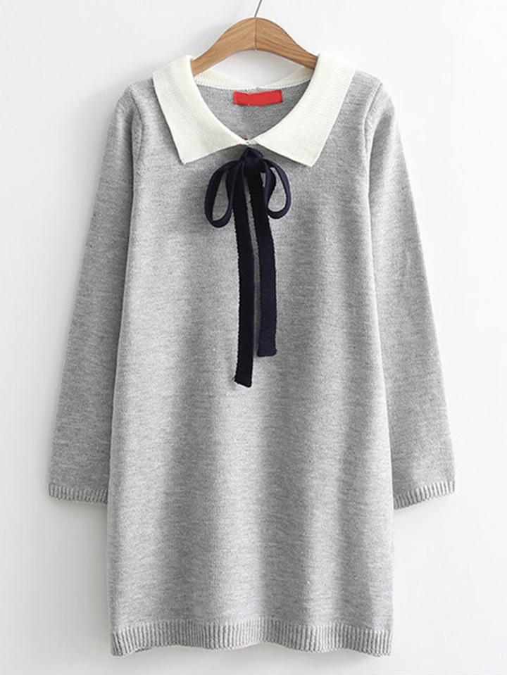 Romwe Contrast Collar Tied Longline Sweater