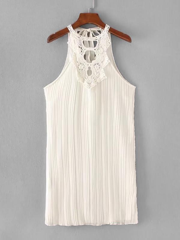 Romwe Guipure Lace Panel Tie Back Pleated Chiffon Dress