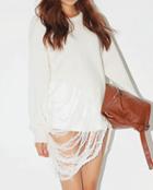 Romwe Ripped Tassel Knit White Sweater