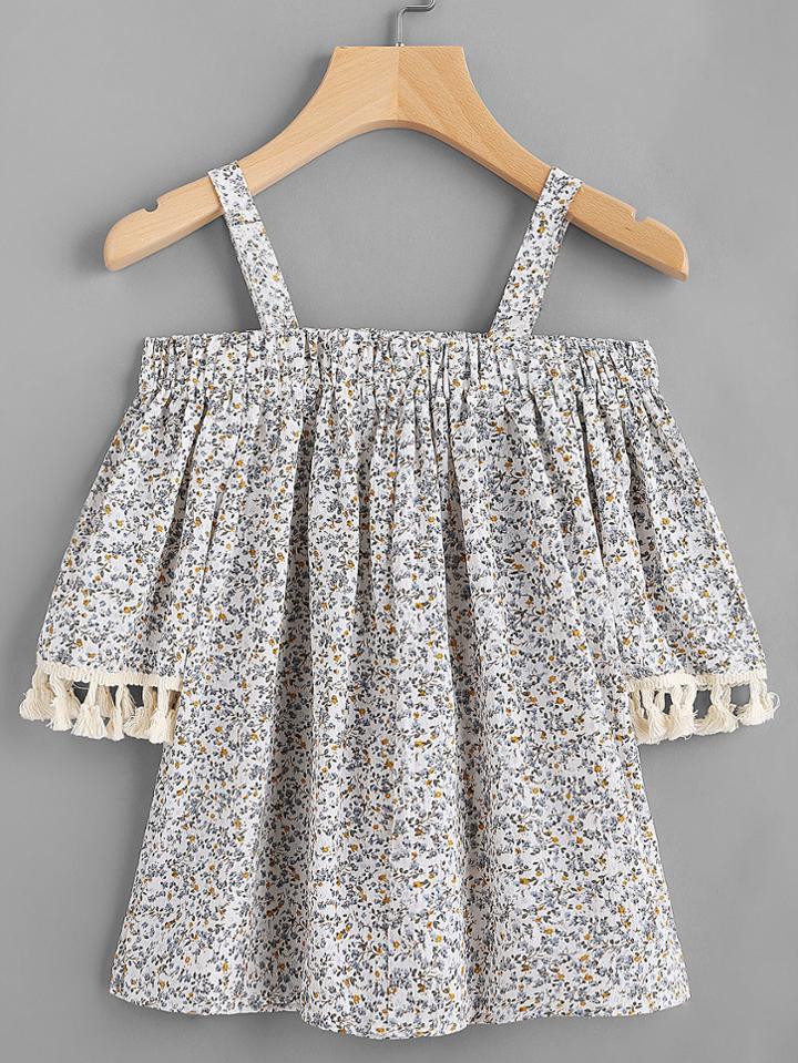 Romwe Open Shoulder Ditsy Print Random Tassel Cuff Blouse