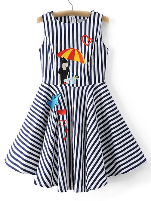 Romwe Navy Sleeveless Embroidery Mixed Stripe Flare Zipper Dress