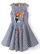 Romwe Navy Sleeveless Embroidery Mixed Stripe Flare Zipper Dress