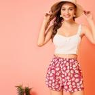 Romwe Frill Waist Daisy Print Shorts