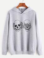 Romwe Light Grey Skull Print Hooded Sweatshirt