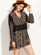 Romwe Vintage Print V Neck Contrast Crochet Dress