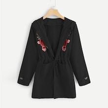 Romwe Floral Embroidered Applique Drawstring Coat